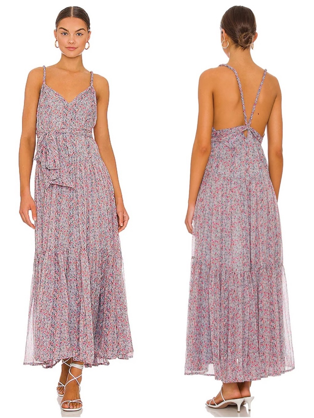 Astr Printed Lavender-Pink Floral V-Neck Tiered Maxi Dress - Picture 2 of 11